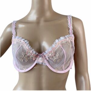 Vogue's Secret Pink Sheer Mesh Lace Trim Embroidered Underwire Bra 42E